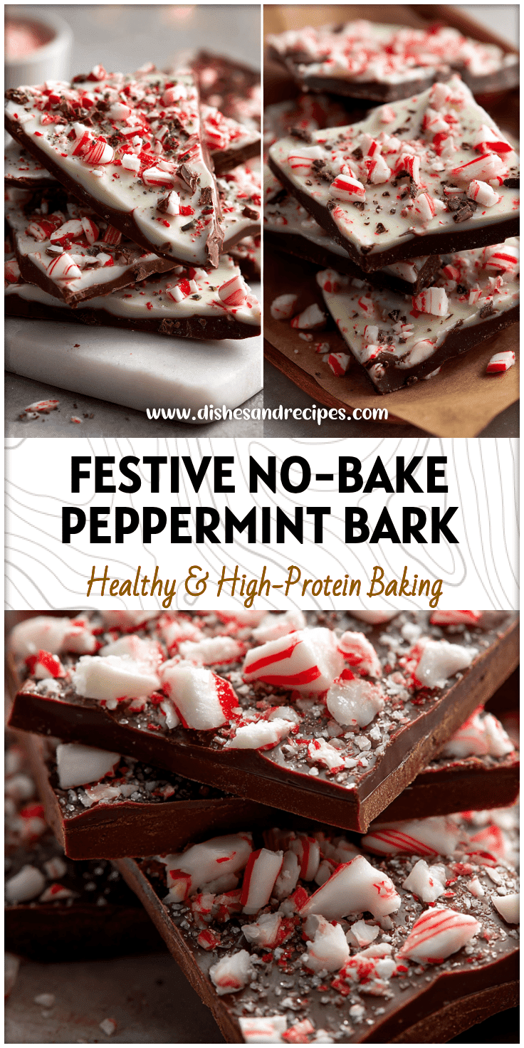 A tray of no-bake chocolate peppermint protein bark topped with crushed candy canes for a festive holiday look.